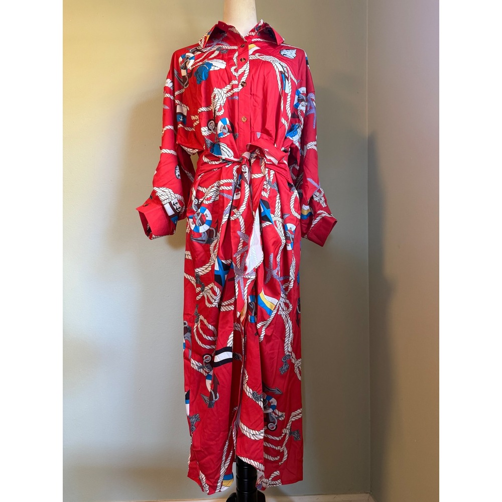 Red Nautical Rope Anchor costal boho Maxi Shirt Dress XXL Long resort beach y2k